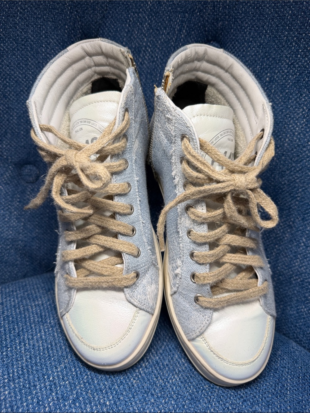 P448 Women's High-Top Sneakers in Light Blue, White & Tan Laces, size EU-39 US-9